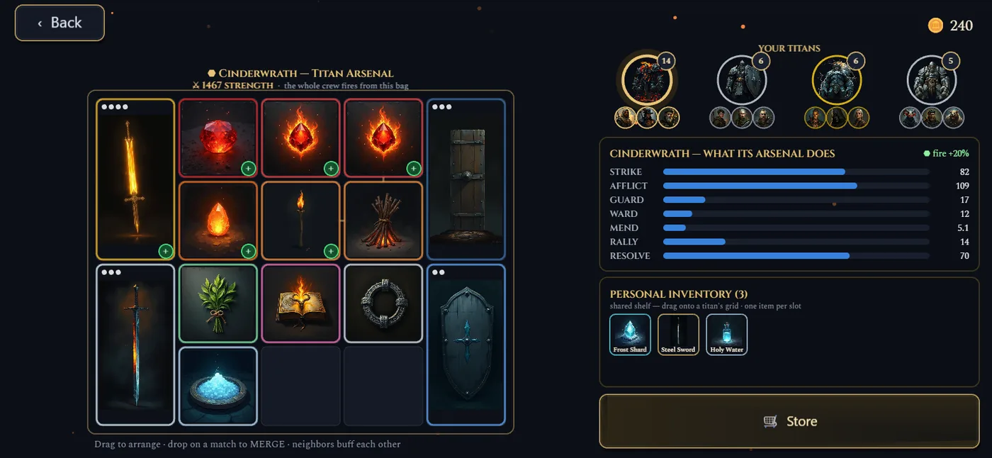 A titan's arsenal grid stocked with forged blades, fire gems and shields, beside the readout of what that arsenal actually does