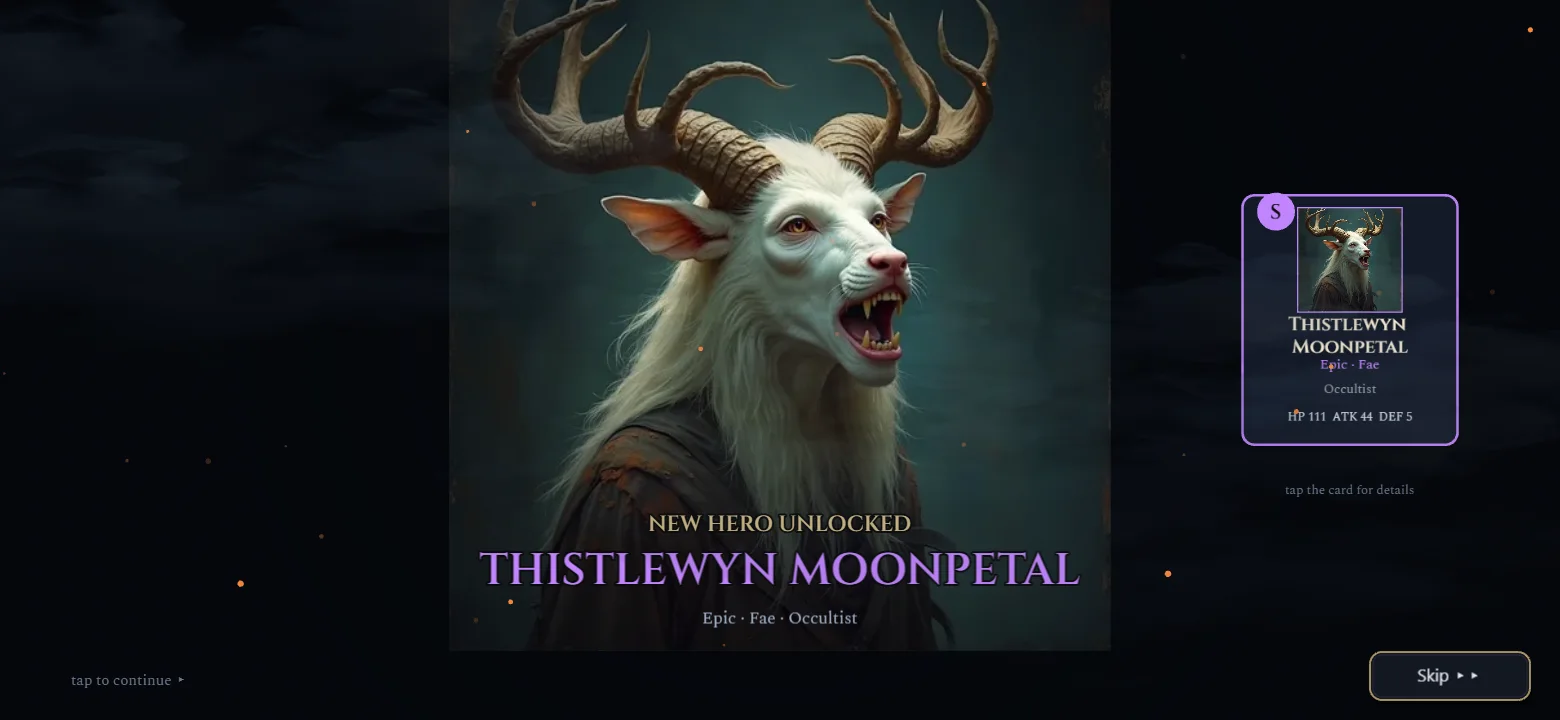 A new hero reveal: an epic antlered Fae recruit unveiled with name, rarity, and stats