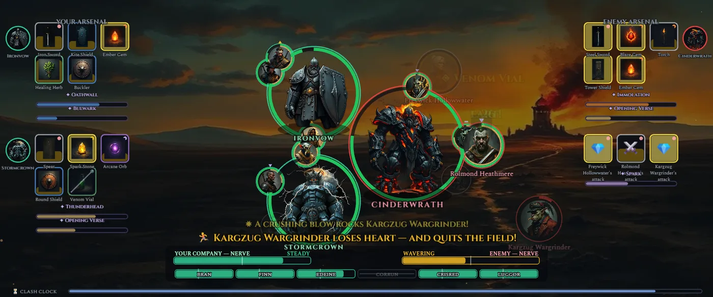 Three titans clashing at dusk — two of your vessels against a molten enemy titan, with the nerve strip along the foot showing the enemy company wavering as one of its heroes quits the field