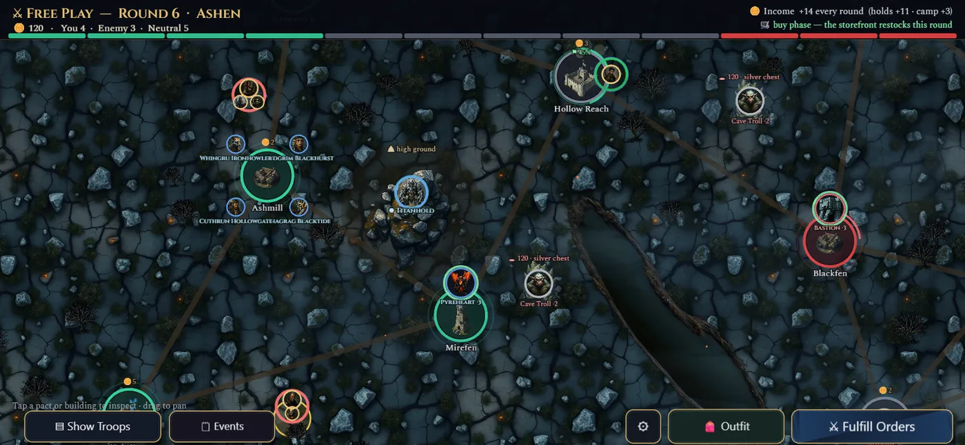 The conquest map mid-round: a titan crested on high ground, heroes garrisoned around a held village, a lone hero capturing a fort, cave-trolls guarding their lairs, and enemy bands on a gold vein and pressing a base