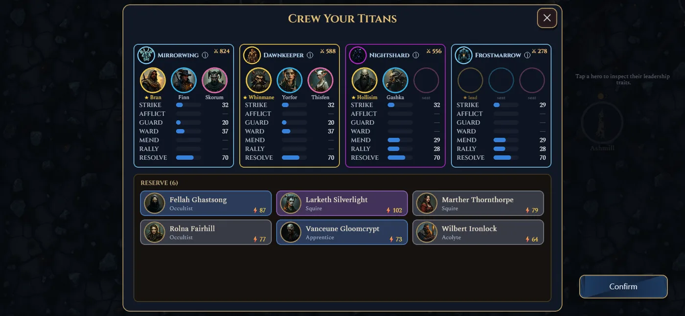 The Crew Your Titans screen: four vessels, each reading out its own seven axes, seats filled and open, and a reserve of heroes below